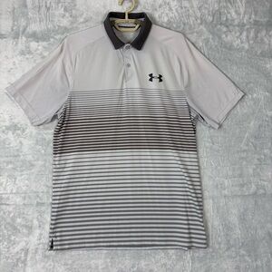 Under Armour Golf Polo Shirt Mens Medium Gray Brown Striped Loose Short Sleeve